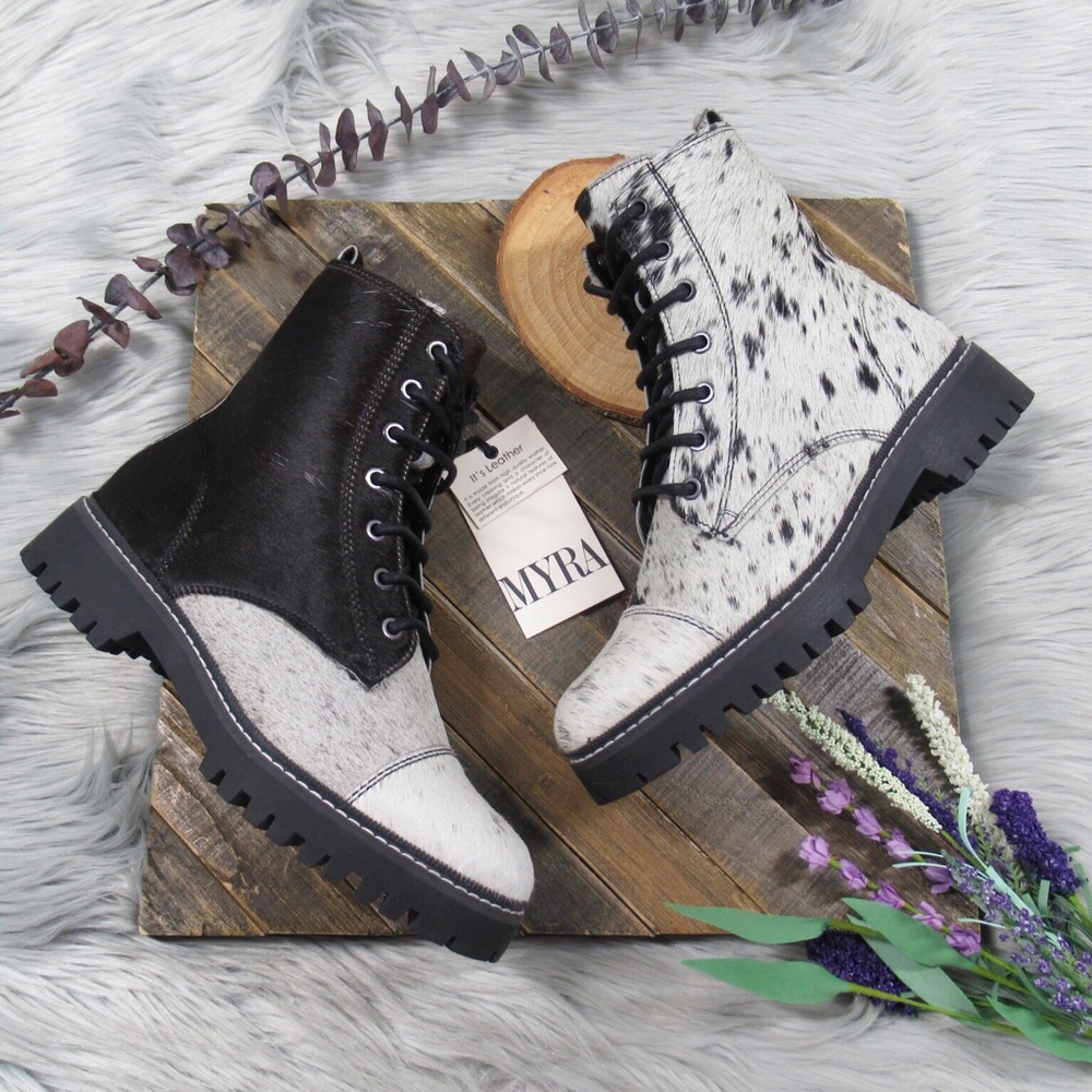 MYRA Black White Cowhide Fervence Boots Western Combat Lace-Up Hairon Leather 8